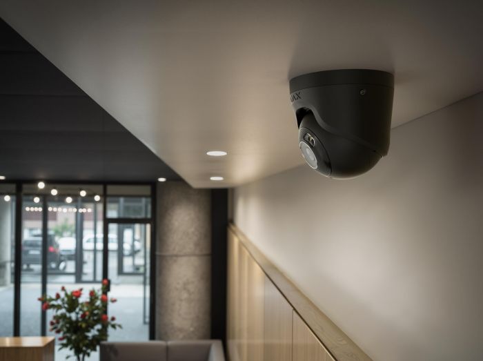 IP-Камера дротова Ajax TurretCam HL black, 5мп, 4мм, гібридне підсвічування IR 50м, білий Led 50м, Poe, True WDR, IP 65, ІЧ 50м, аудіо, 75° до 85°, купольна, чорна