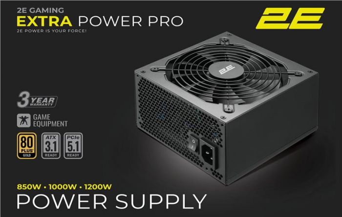 Блок живлення  2E GAMING Extra Power Pro ATX3.1 GEN5.0  (1200W), >90%, 80+ Gold, 140мм, 1xMB 24pin(20+4), 2xCPU 8pin(4+4), 3xMolex, 9xSATA, 6xPCIe 8pin(6+2), 1xPCIe GEN5 16pin, Full Modular