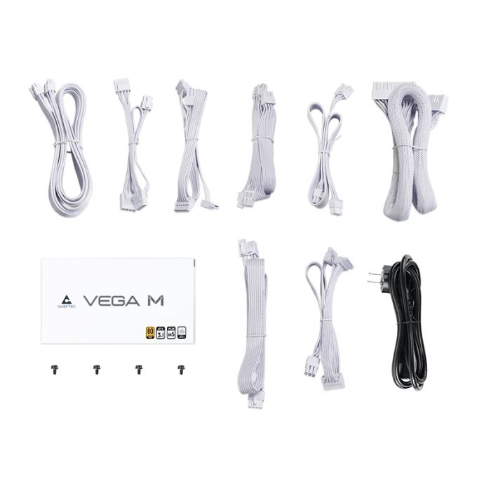 Блок живлення CHIEFTEC Vega M (1000W), >90%, 80+ Gold, 135мм FDB, 1xMB 24pin(20+4), 2xCPU 8pin(4+4), 3xMolex, 6xSATA, 4xPCIe 8pin(6+2), 1xPCIe GEN5 16pin, Fully Modular, White