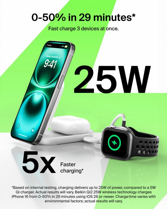 Зарядний пристрій бездротовий Belkin UltraCharge 2-in-1 Foldable Magnetic Charging 25Вт, білий