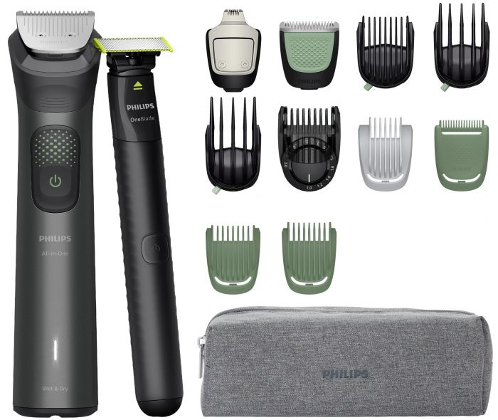 Тример Philips Series 9000, для обличчя, голови, тіла, акум., насадок-15, OneBlade в компл., сталь, сірий