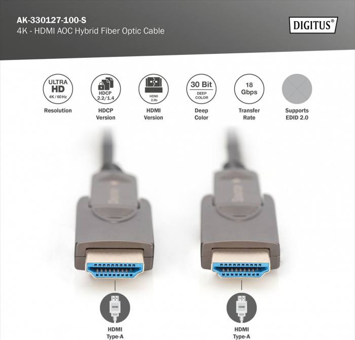Кабель DIGITUS HDMI (M/M), 4K, AOC, 10м, чорний