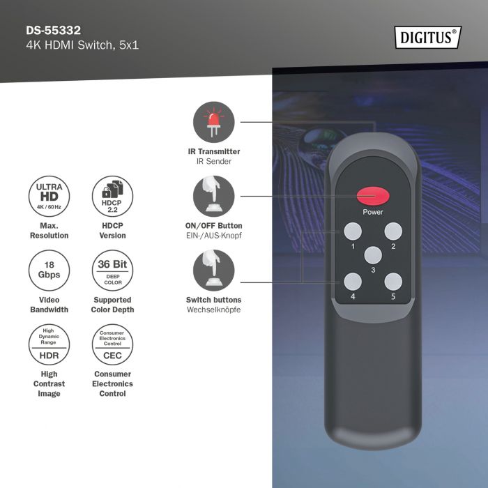 Відеокомутатор DIGITUS UHD HDMI (INx5 - OUTx1), 4K