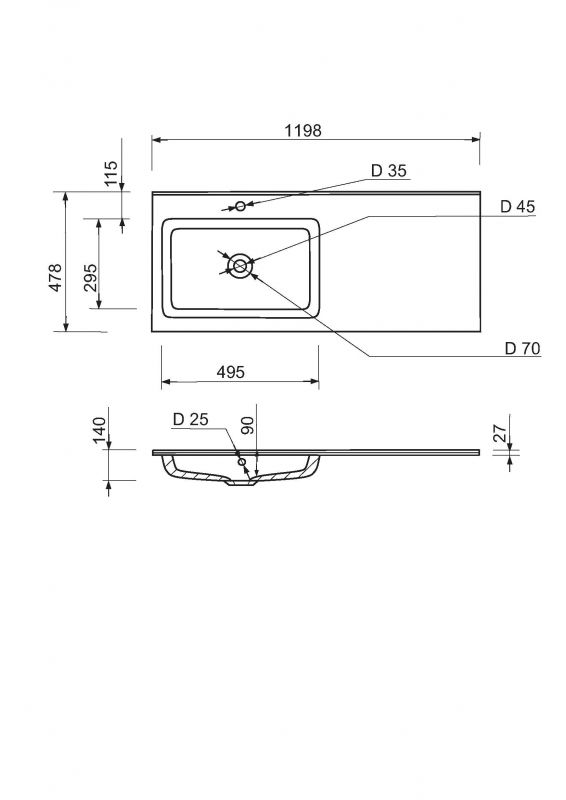 Набір для ванної кімнати, раковина, умивальник Adamant FLATE 120L, штучний камінь, прямокут., з сифоном Click-Clack + змішувач