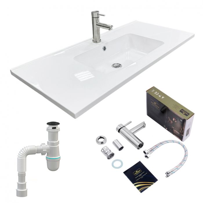 Набір для ванної кімнати, раковина, умивальник Adamant FLATE 100, штучний камінь, прямокут., з сифоном Click-Clack + змішувач