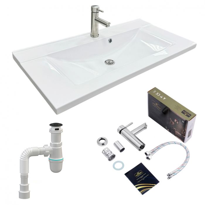 Набір для ванної кімнати, раковина, умивальник Adamant QUANTO 90, штучний камінь, прямокут., з сифоном Click-Clack + змішувач