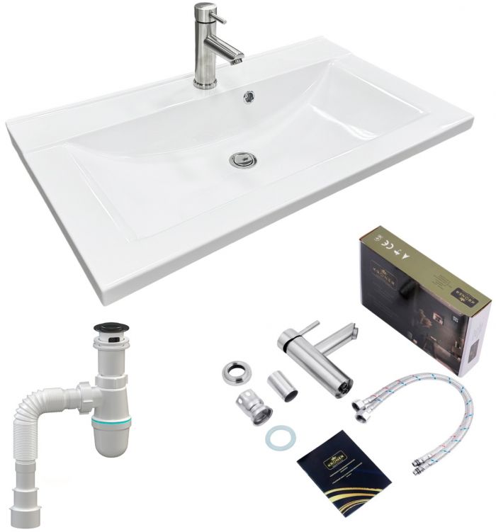 Набір для ванної кімнати, раковина, умивальник Adamant QUANTO 80, штучний камінь, прямокут., з сифоном Click-Clack + змішувач