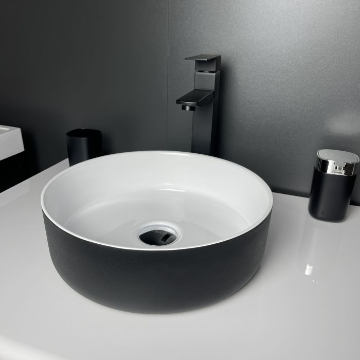 Раковина, умивальник Adamant ARENA, штучний камінь, кругла, без отвору для змішувача та переливу, 360х113мм, врезной, чорно-білий