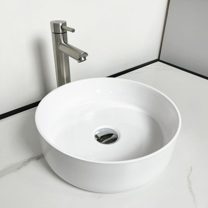Раковина, умивальник Adamant ARENA, штучний камінь, кругла, без отвору для змішувача та переливу, 360х113мм, накладний, білий