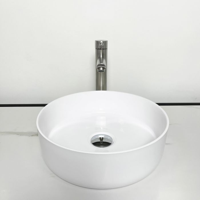 Раковина, умивальник Adamant ARENA, штучний камінь, кругла, без отвору для змішувача та переливу, 360х113мм, накладний, білий