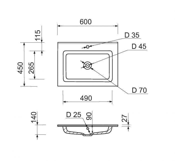 Раковина, умивальник Adamant FLATE, штучний камінь, прямокут., з отвором для змішувача, з отвором для переливу, 600х450х140мм, накладний, білий