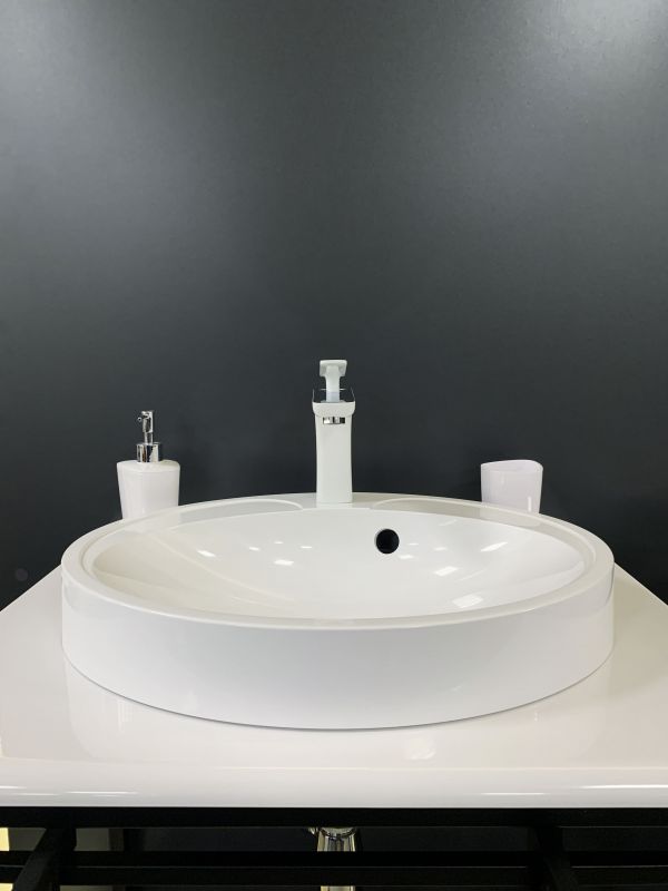 Раковина, умивальник Adamant Lauf New, штучний камінь, овальна, без отвору для змішувача, з отвором для переливу, 540х445х130мм, накладний, білий