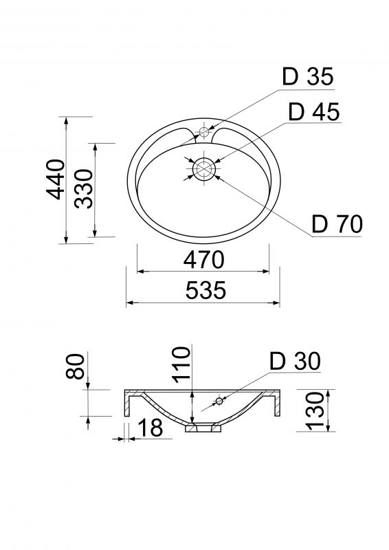 Раковина, умивальник Adamant Lauf New, штучний камінь, овальна, без отвору для змішувача, з отвором для переливу, 540х445х130мм, накладний, білий