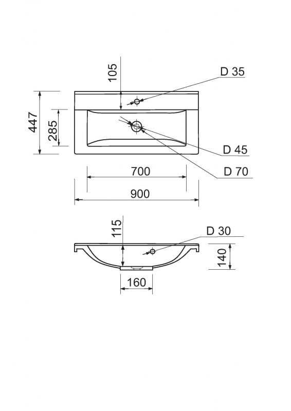 Раковина, умивальник Adamant QUANTO, штучний камінь, прямокут., з отвором для змішувача, з отвором для переливу, 900х447х140мм, накладний, білий
