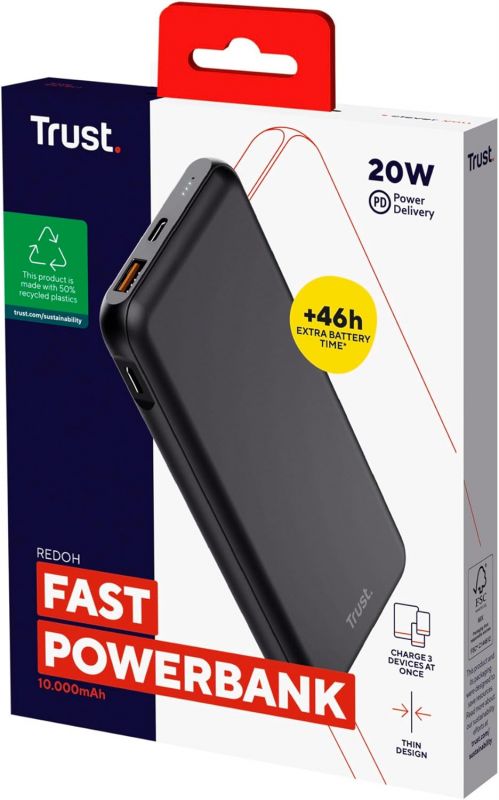 Акумулятор портативний літій-іонний power bank Trust Redoh, 10000мА·год, USB-A/2хUSB-C, 18W, QC 3.0, PD, чорний