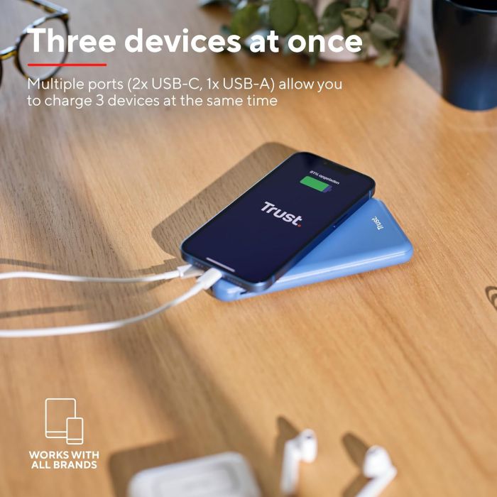 Акумулятор портативний літій-іонний power bank Trust Redoh, 10000мА·год, USB-A/2хUSB-C, 18W, QC 3.0, PD, синій