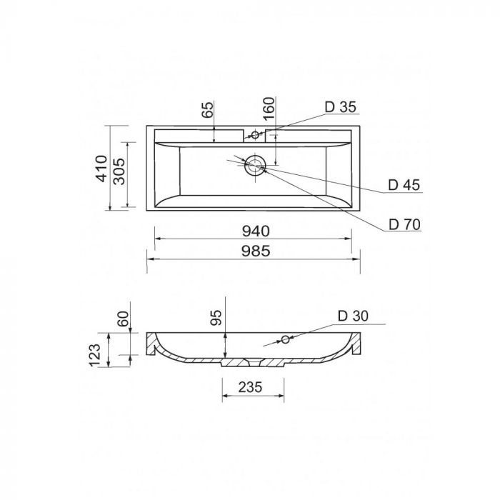 Раковина, умивальник Adamant STRENG NEW, штучний камінь, прямокут., з отвором для змішувача, з отвором для переливу, 990x410x123мм, накладний, білий