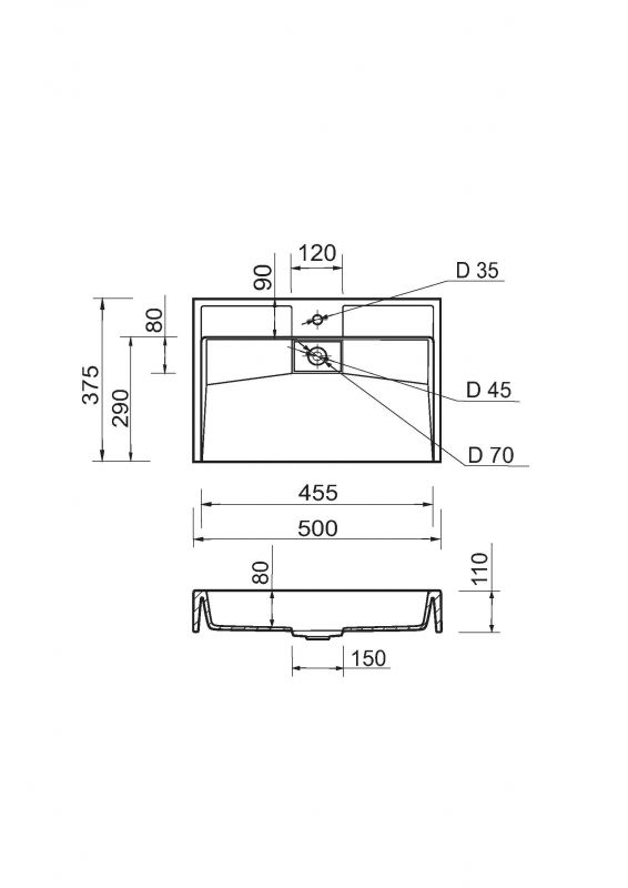 Раковина, умивальник Adamant VISION, штучний камінь, прямокут., з отвором для змішувача, без переливу, 500х380х110мм, накладний, білий