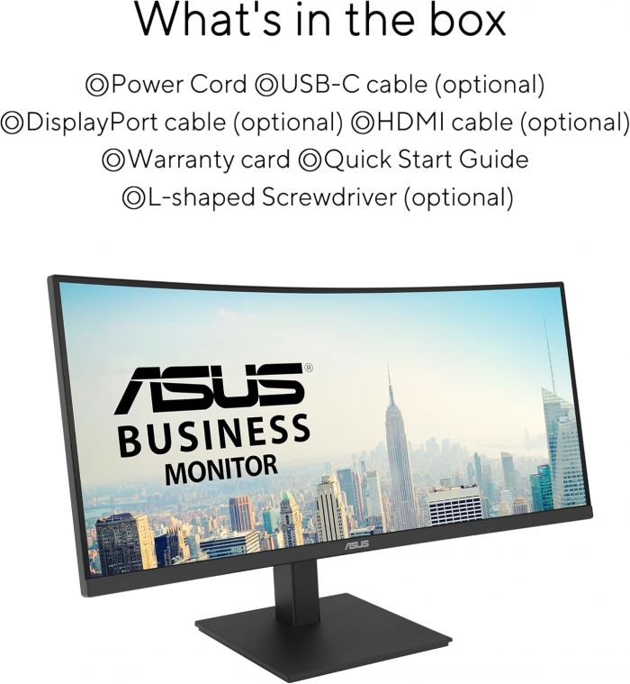 Монітор Asus 34" VA34VCPSR HDMI, DP, USB-C, 3xUSB, RJ-45, MM, VA, 3440x1440, 21:9, 100Hz, 4ms, CURVED, AdaptiveSync, HAS