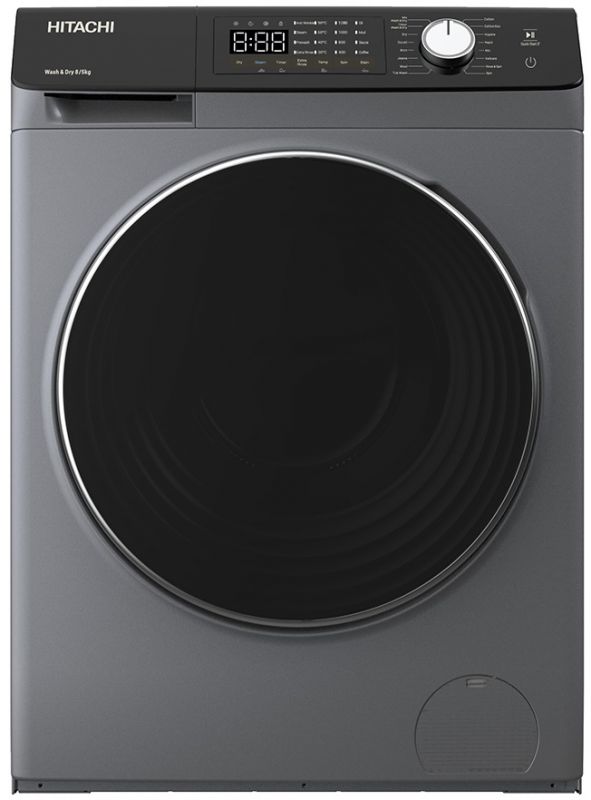 Прально-сушильна машина Hitachi фронтальна, 8(5)кг, 1400, A, 60см, дисплей, пара, інвертор, cріблястий
