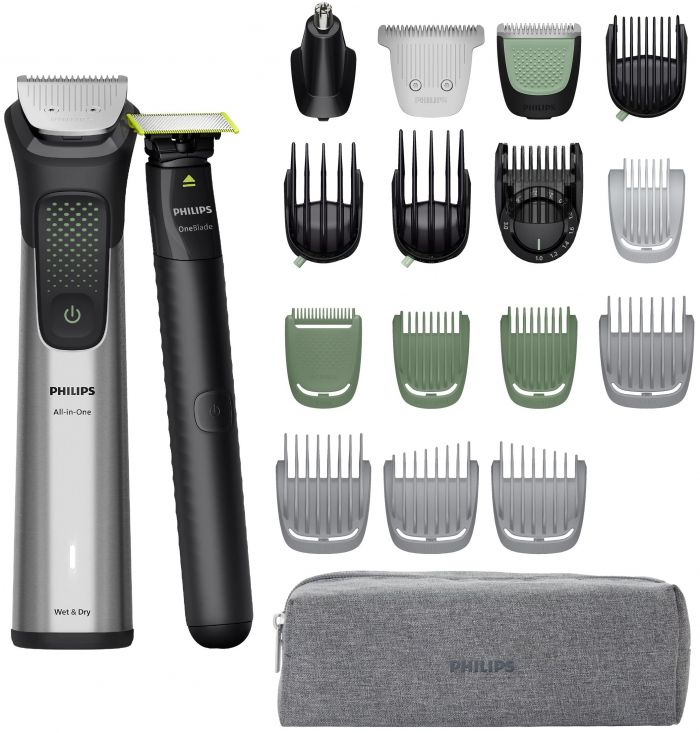 Тример Philips Series 9000, для бороди, голови та тіла, насадок-15, OneBlade в компл., сталь, сірий