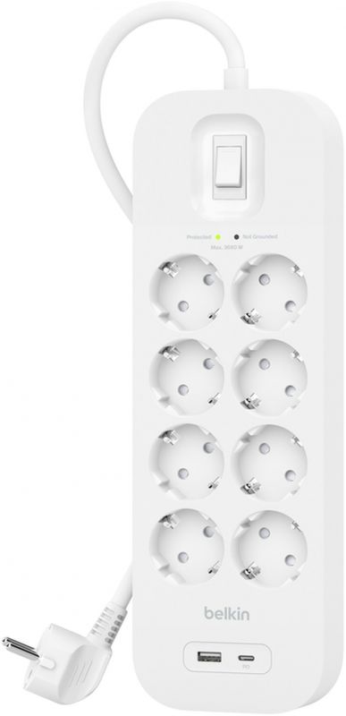 Подовжувач мережевий Belkin 2м, 8хТипF, 16А, USB-A/USB-C 18Вт, фільтр, білий