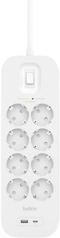 Подовжувач мережевий Belkin 2м, 8хТипF, 16А, USB-A/USB-C 18Вт, фільтр, білий