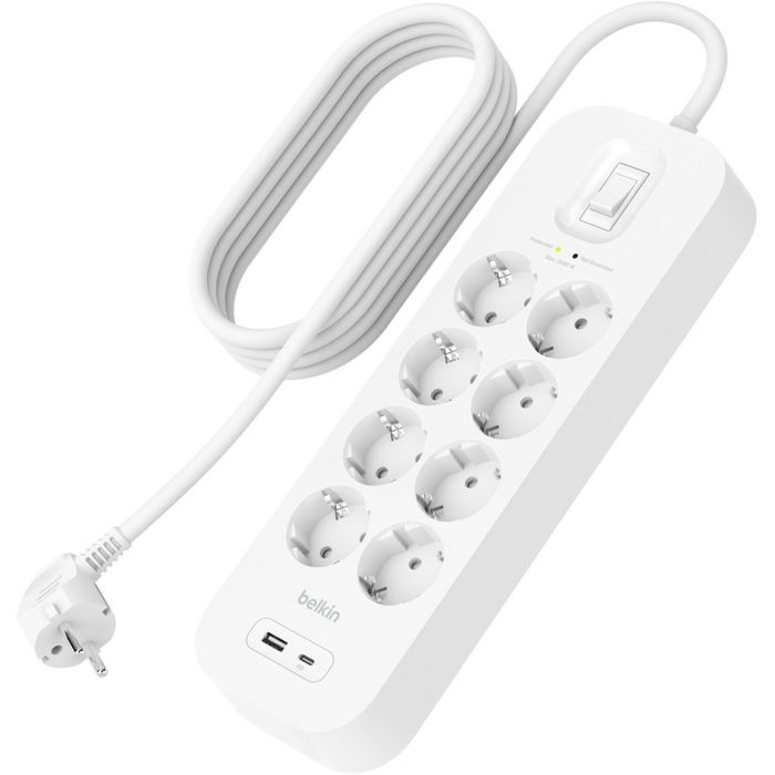 Подовжувач мережевий Belkin 2м, 8хТипF, 16А, USB-A/USB-C 18Вт, фільтр, білий