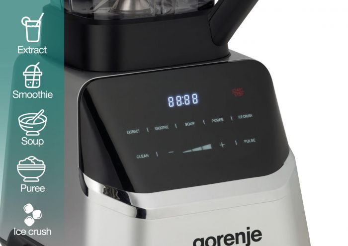 Блендер Gorenje стаціонарний 1500Вт, чаша-2000мл, дисплей, подрібнювач, чорний-нерж