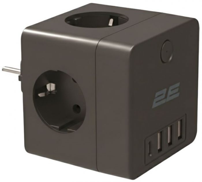 Адаптер мережевий 2E 3xТипF, 16A, 2xUSB-A, 1x USB-C фільтр, чорний