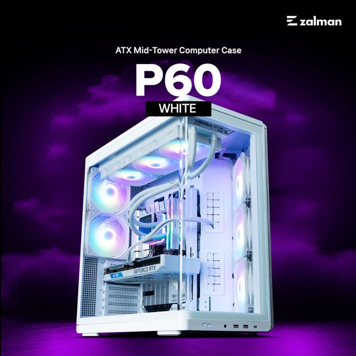 Корпус Zalman P60 без БЖ, 2xUSB3.0, 1x Type C, 3x120мм ARGB Reverse, 2x120мм ARGB, VGA 435мм, LCS ready, Curved Tempered Glass, Dual Chamber, ATX, білий