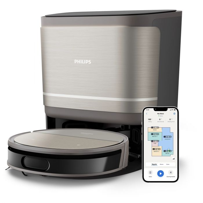 Робот-пилосос Philips Series 9000, h=9.8см, вологе прибирання, конт пил -0.21л, вода -0.22л, автон. робота до 280хв, EPA 11, чорний-металік
