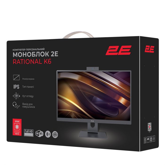 Комп'ютер персональний моноблок 2E Rational K6 23.8" FHD IPS Intel i3-12100, 8Gb, F256GB, UMA, H610, K6.610, 120W, FreeDos, чорний