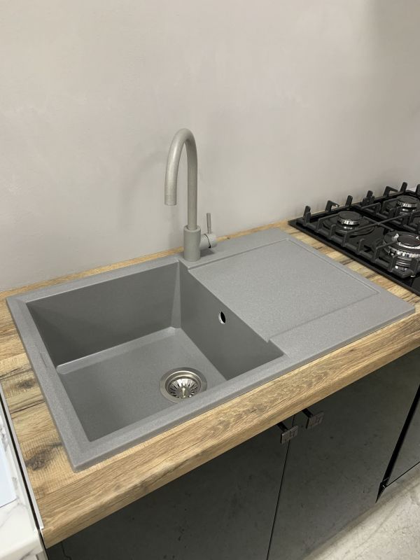 Мийка кухонна Adamant Horizon, штучний камінь, прямокут., з крилом, 780х495х230мм, чаша - 1, врізна, сірий