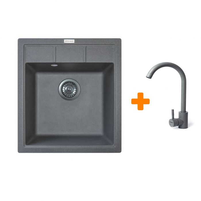 Набір кухонна Adamant Brick, штучний камінь, квадрат, без крила, 460x515x200мм, чаша - 1, врізна, сірий + змішувач