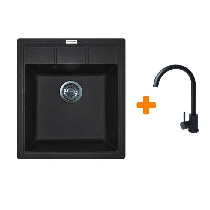 Набір кухонна Adamant Brick, штучний камінь, квадрат, без крила, 460x515x200мм, чаша - 1, врізна, чорний + змішувач