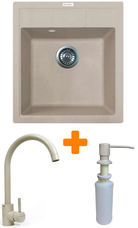 Набір кухонна Adamant Brick, штучний камінь, квадрат, без крила, 460x515x200мм, чаша - 1, врізна, Avena + змішувач та дозатор