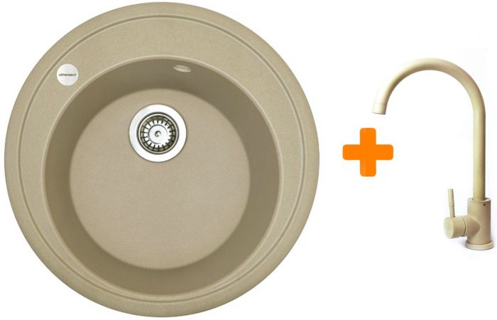 Набір кухонна Adamant Sun, штучний камінь, кругла, без крила, 510x200мм, чаша - 1, врізна, Сахара + змішувач