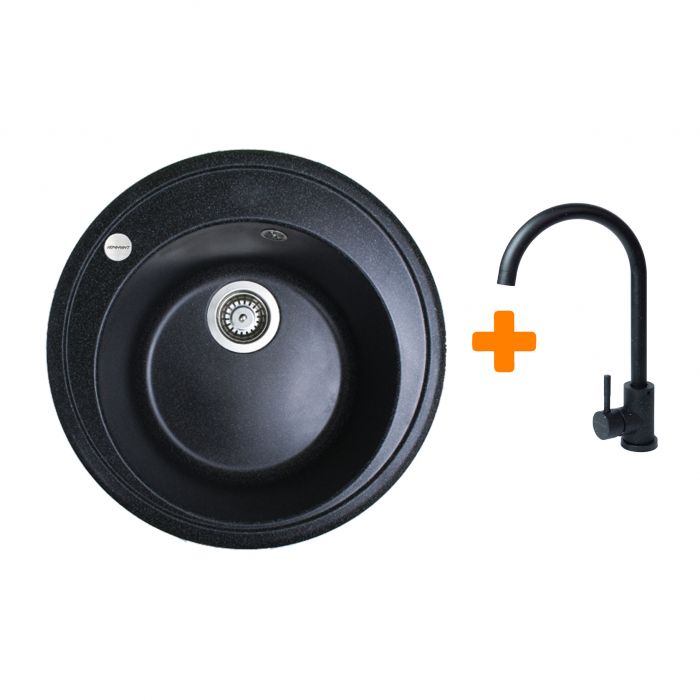 Набір кухонна Adamant Sun, штучний камінь, кругла, без крила, 510x200мм, чаша - 1, врізна, чорний + змішувач
