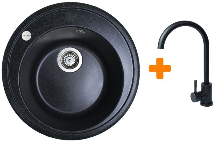 Набір кухонна Adamant Sun, штучний камінь, кругла, без крила, 510x200мм, чаша - 1, врізна, чорний + змішувач