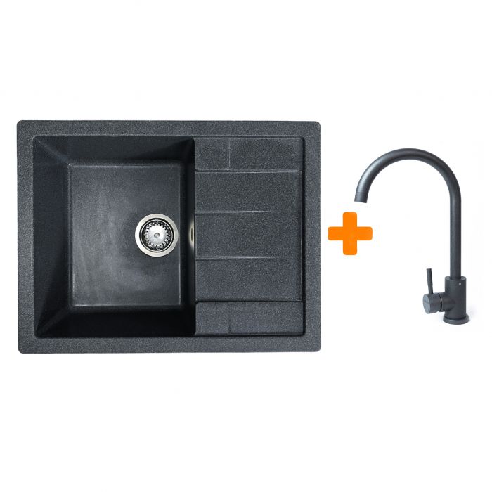 Набір кухонний Adamant Anila, штучний камінь, прямокут., з крилом, 645х495х200мм, чаша - 1, врізна, графіт + змішувач