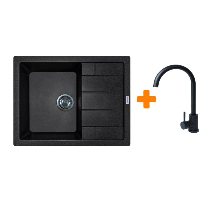 Набір кухонний Adamant Anila, штучний камінь, прямокут., з крилом, 645х495х200мм, чаша - 1, врізна, чорний + змішувач