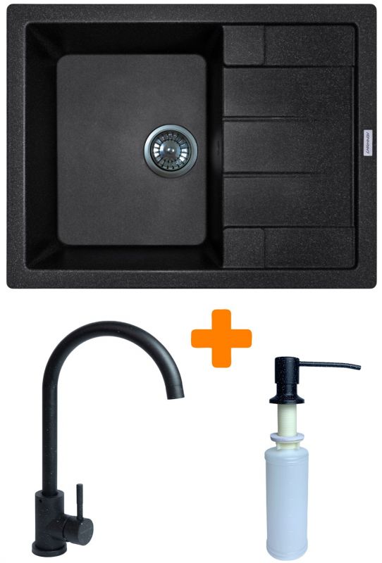Набір кухонний Adamant Anila, штучний камінь, прямокут., з крилом, 645х495х200мм, чаша - 1, врізна, чорний + змішувач та дозатор