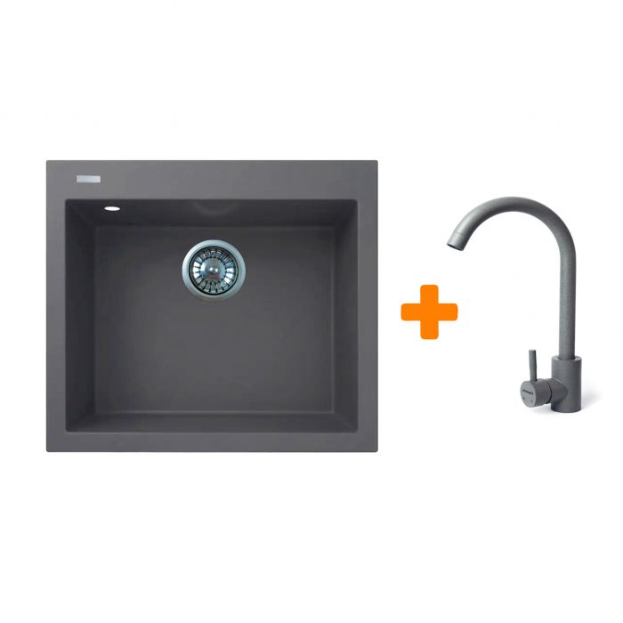 Набір кухонний Adamant Univer, штучний камінь, квадрат, без крила, 560х500х200мм, чаша - 1, врізна, сірий + змішувач