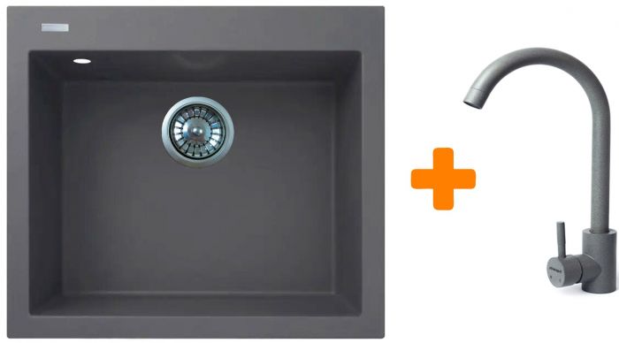 Набір кухонний Adamant Univer, штучний камінь, квадрат, без крила, 560х500х200мм, чаша - 1, врізна, сірий + змішувач