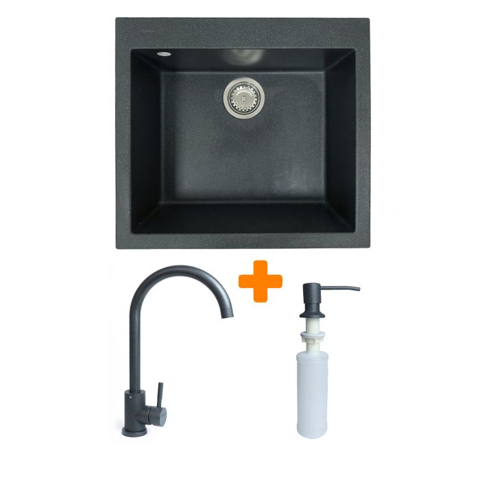 Набір кухонний Adamant Univer, штучний камінь, квадрат, без крила, 560х500х200мм, чаша - 1, врізна, графіт + змішувач та дозатор