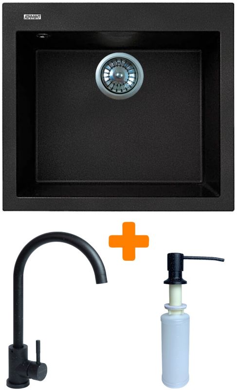 Набір кухонний Adamant Univer, штучний камінь, квадрат, без крила, 560х500х200мм, чаша - 1, врізна, чорний + змішувач та дозатор