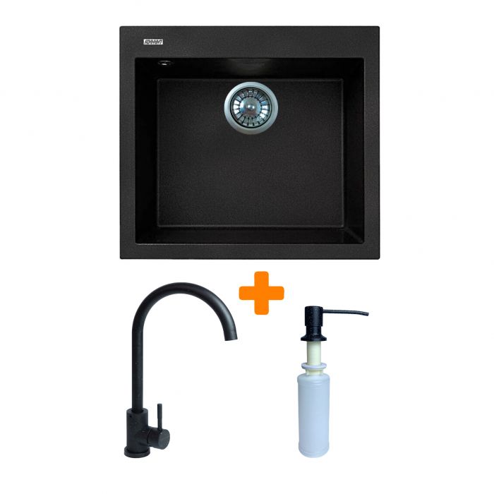 Набір кухонний Adamant Univer, штучний камінь, квадрат, без крила, 560х500х200мм, чаша - 1, врізна, чорний + змішувач та дозатор