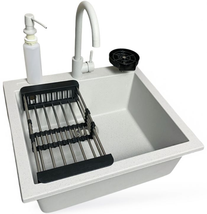 Набір кухонний Adamant Univer, штучний камінь, квадрат, без крила, 560х500х200мм, чаша - 1, врізна, Old stone + змішувач + дозатор + ополіскувач склянок + коландер