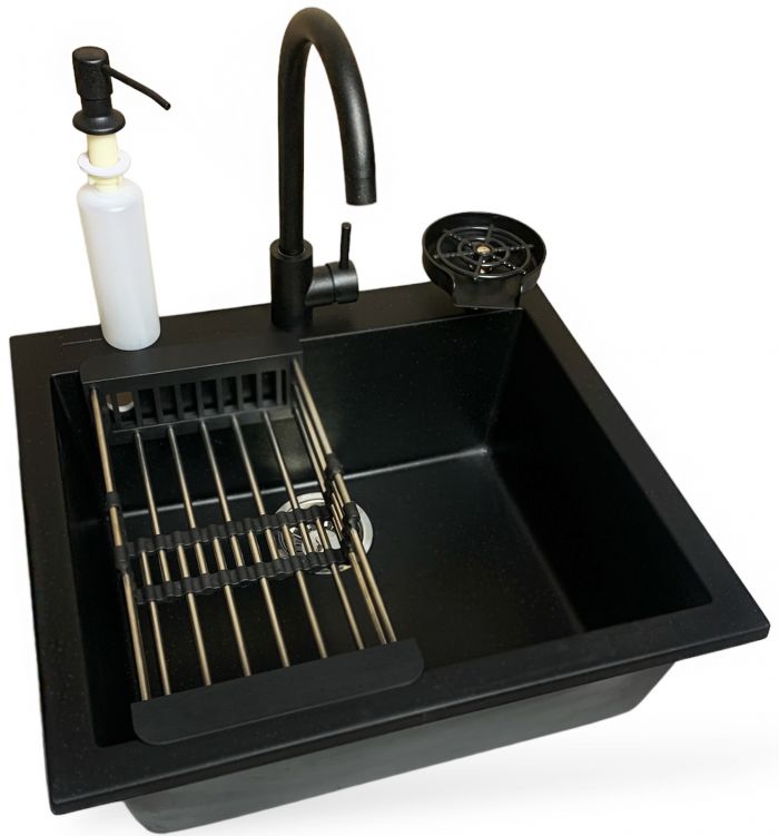 Набір кухонний Adamant Univer, штучний камінь, квадрат, без крила, 560х500х200мм, чаша - 1, врізна, антрацит + змішувач + дозатор + ополіскувач склянок + коландер